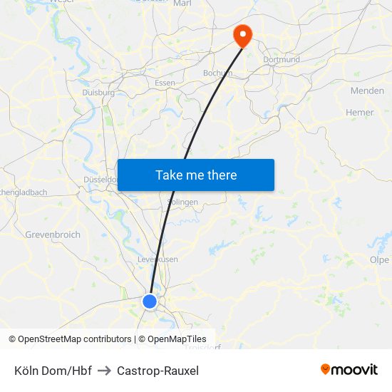 Köln Dom/Hbf to Castrop-Rauxel map