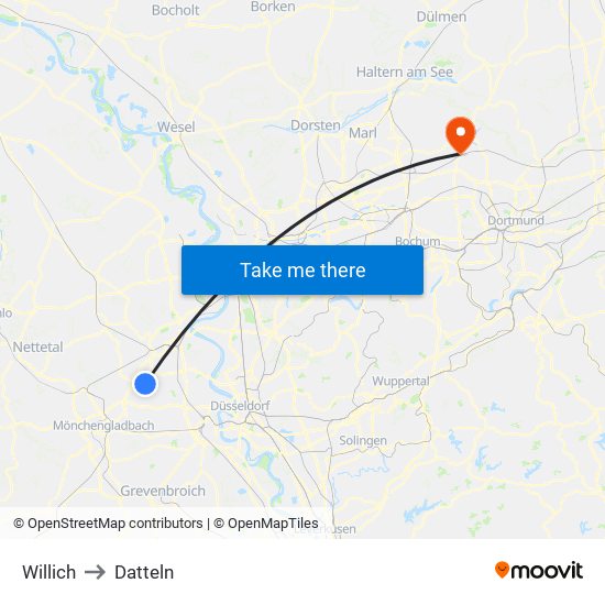 Willich to Datteln map