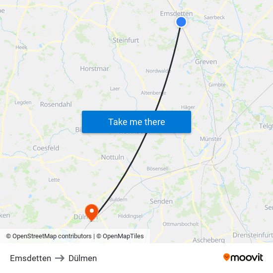 Emsdetten to Dülmen map