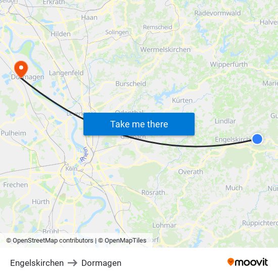 Engelskirchen to Dormagen map