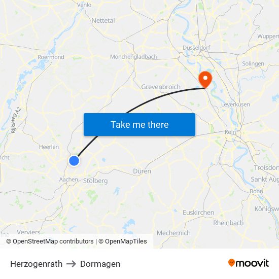 Herzogenrath to Dormagen map