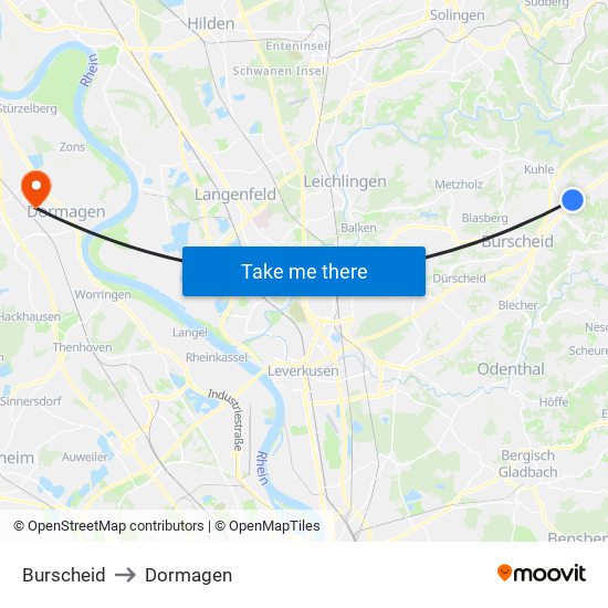 Burscheid to Dormagen map