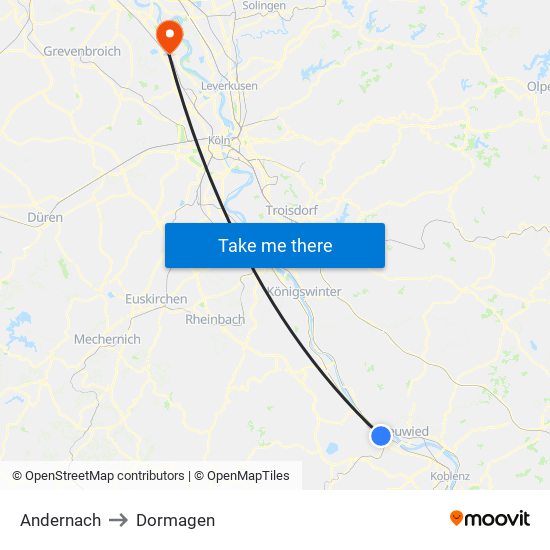 Andernach to Dormagen map