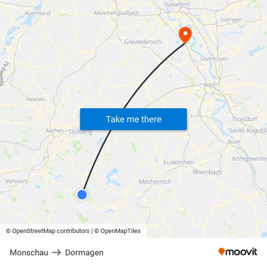 Monschau to Dormagen map