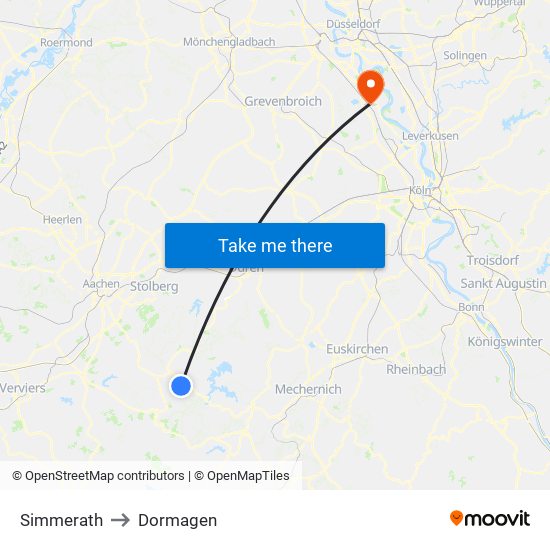 Simmerath to Dormagen map