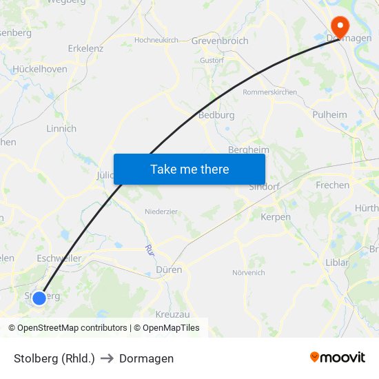 Stolberg (Rhld.) to Dormagen map