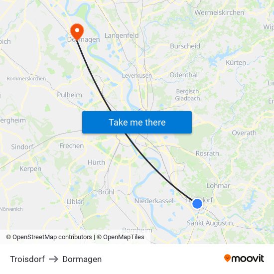 Troisdorf to Dormagen map