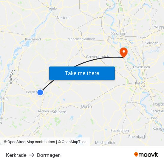 Kerkrade to Dormagen map