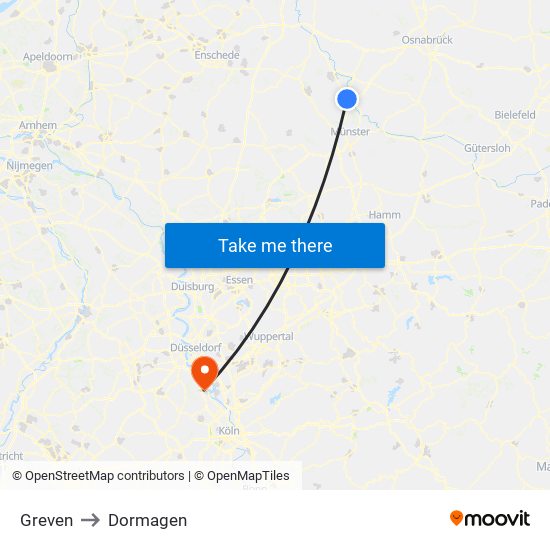 Greven to Dormagen map