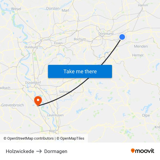 Holzwickede to Dormagen map