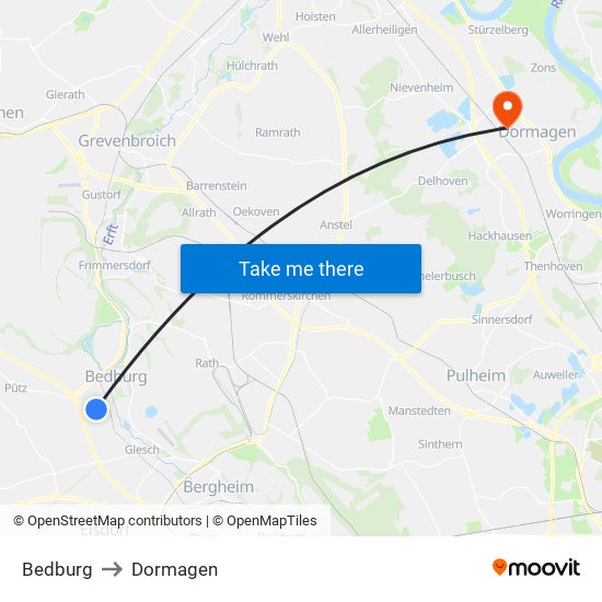 Bedburg to Dormagen map