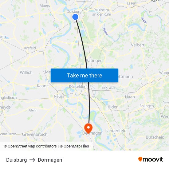 Duisburg to Dormagen map