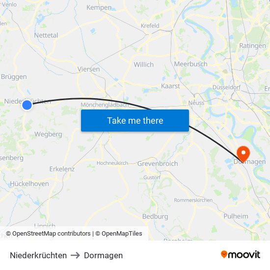 Niederkrüchten to Dormagen map