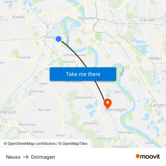 Neuss to Dormagen map