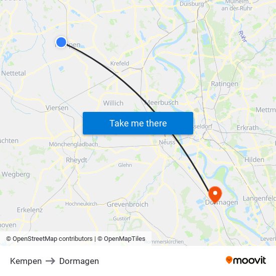 Kempen to Dormagen map