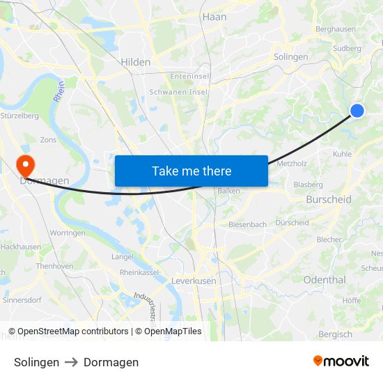 Solingen to Dormagen map