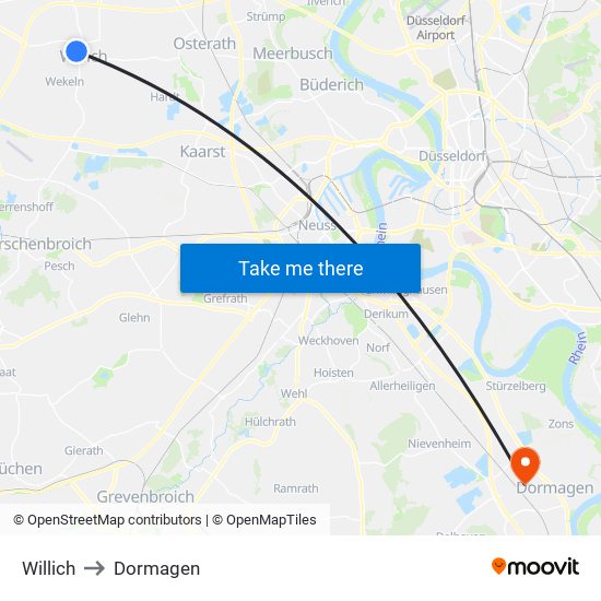 Willich to Dormagen map