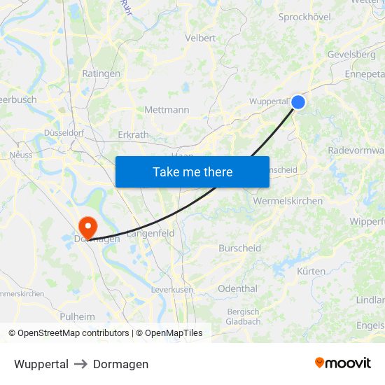 Wuppertal to Dormagen map