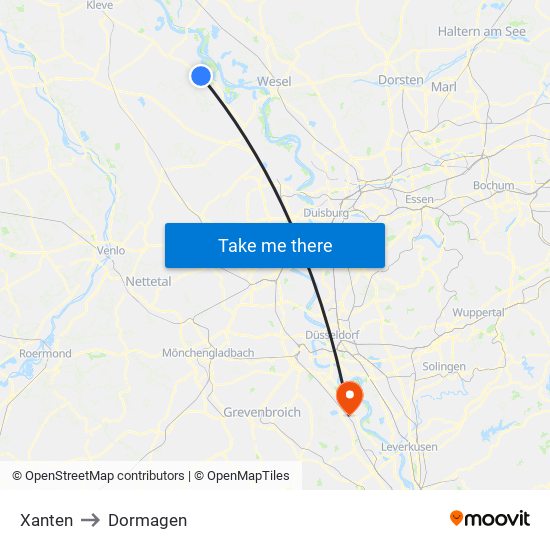 Xanten to Dormagen map