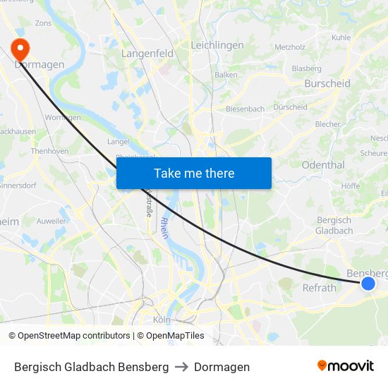 Bergisch Gladbach Bensberg to Dormagen map