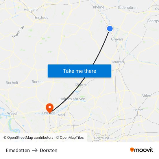 Emsdetten to Dorsten map