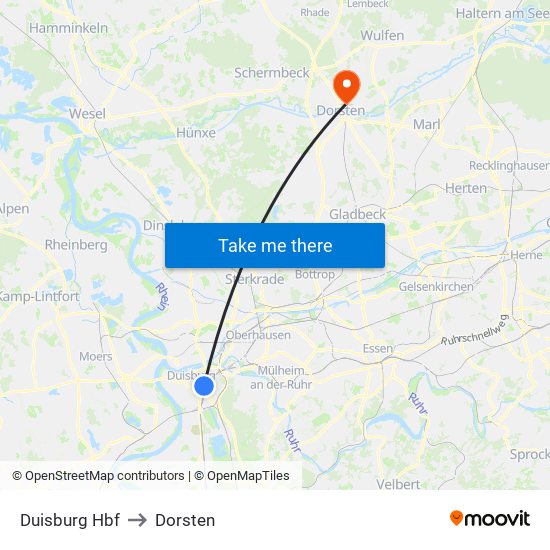 Duisburg Hbf to Dorsten map