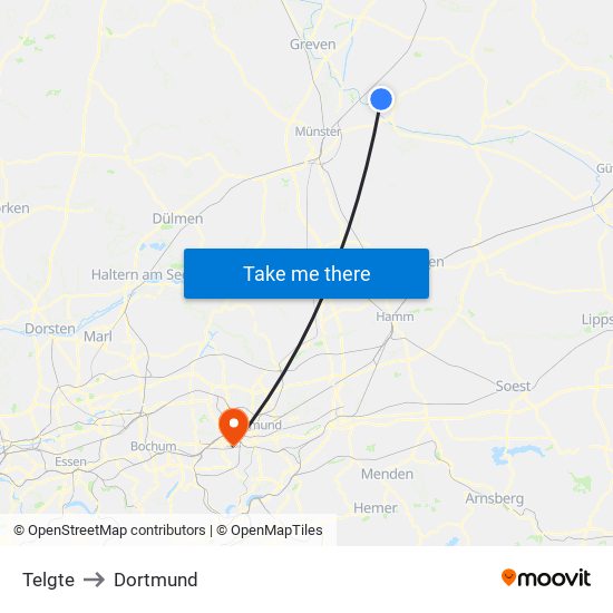 Telgte to Dortmund map