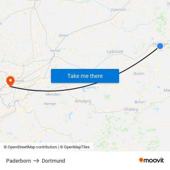 Paderborn to Dortmund map