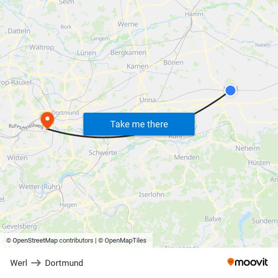 Werl to Dortmund map