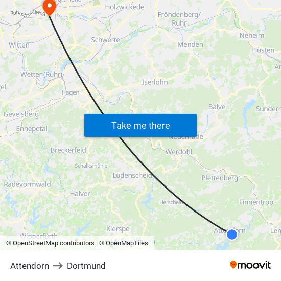 Attendorn to Dortmund map