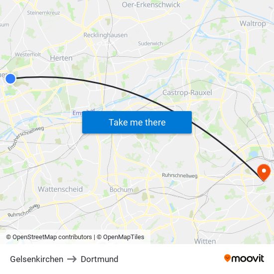 Gelsenkirchen to Dortmund map
