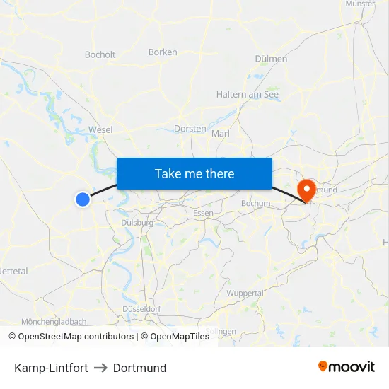 Kamp-Lintfort to Dortmund map