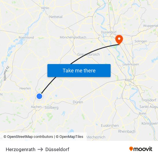 Herzogenrath to Düsseldorf map