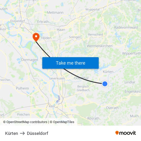 Kürten to Düsseldorf map