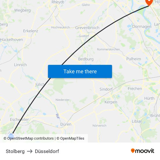 Stolberg to Düsseldorf map