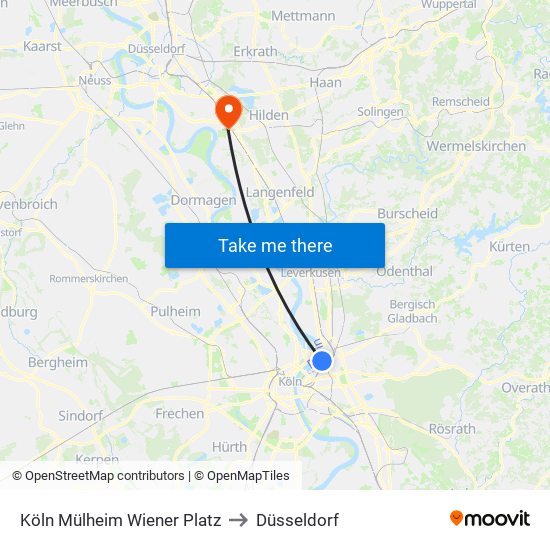 Köln Mülheim Wiener Platz to Düsseldorf map