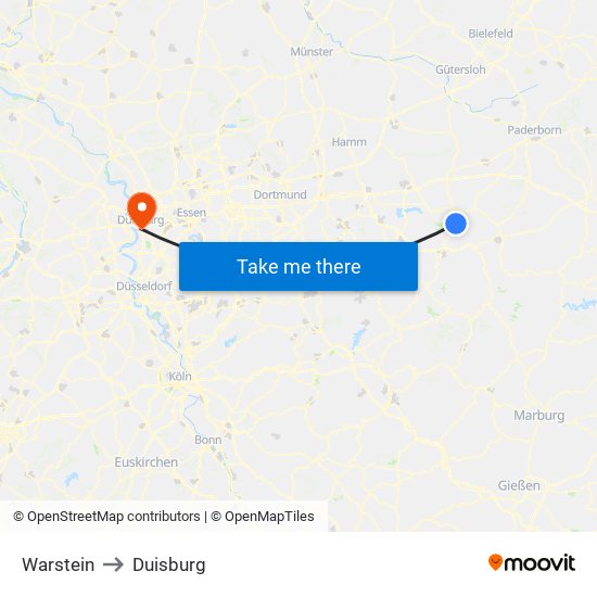 Warstein to Duisburg map
