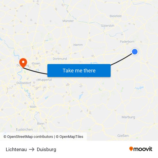Lichtenau to Duisburg map