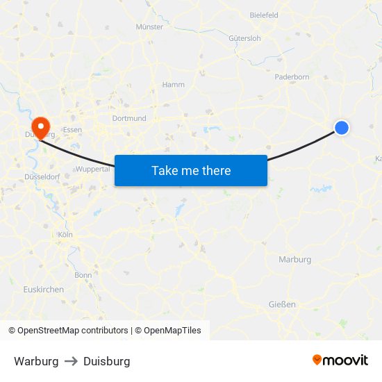 Warburg to Duisburg map