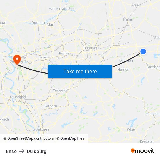 Ense to Duisburg map