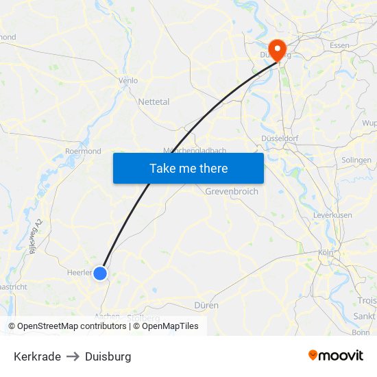 Kerkrade to Duisburg map