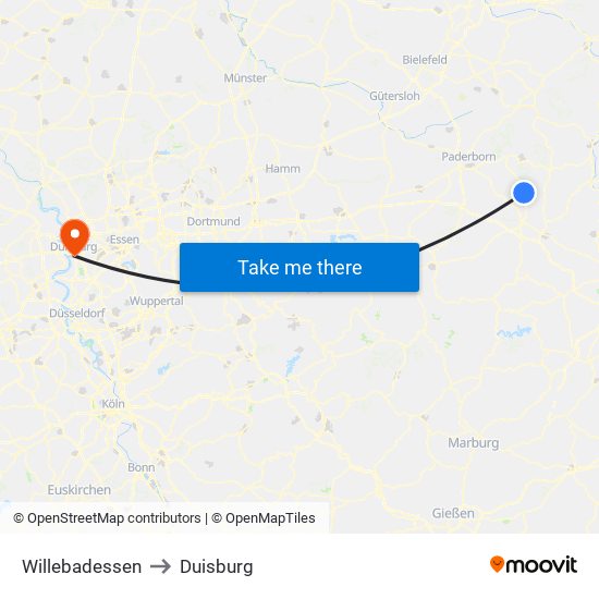 Willebadessen to Duisburg map