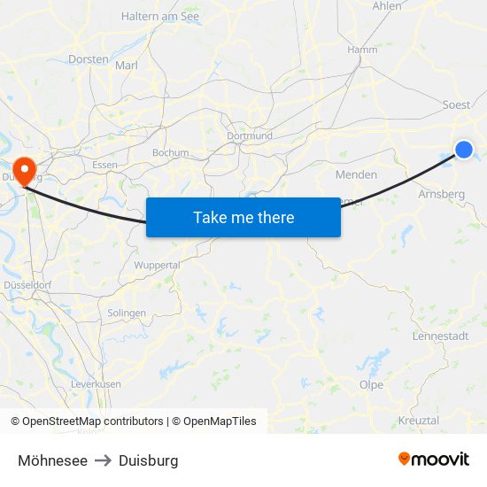 Möhnesee to Duisburg map