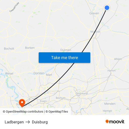Ladbergen to Duisburg map