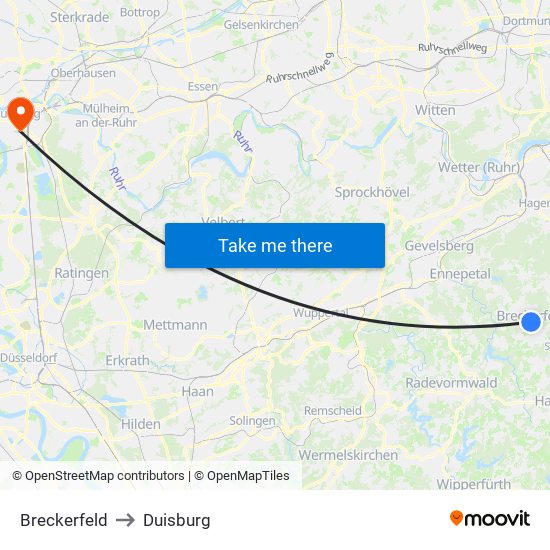 Breckerfeld to Duisburg map