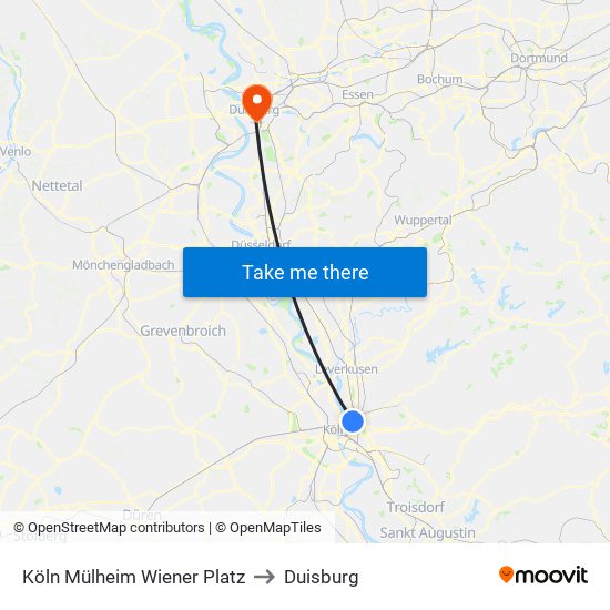 Köln Mülheim Wiener Platz to Duisburg map