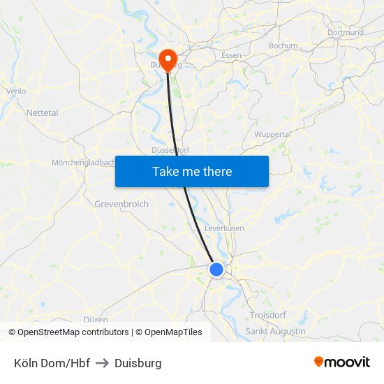 Köln Dom/Hbf to Duisburg map