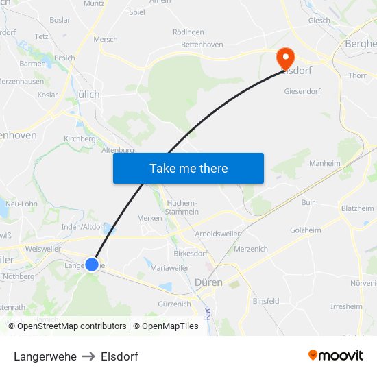 Langerwehe to Elsdorf map