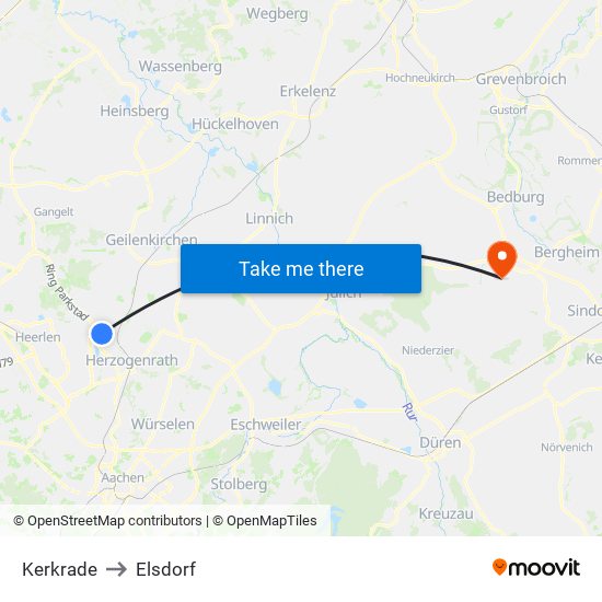 Kerkrade to Elsdorf map