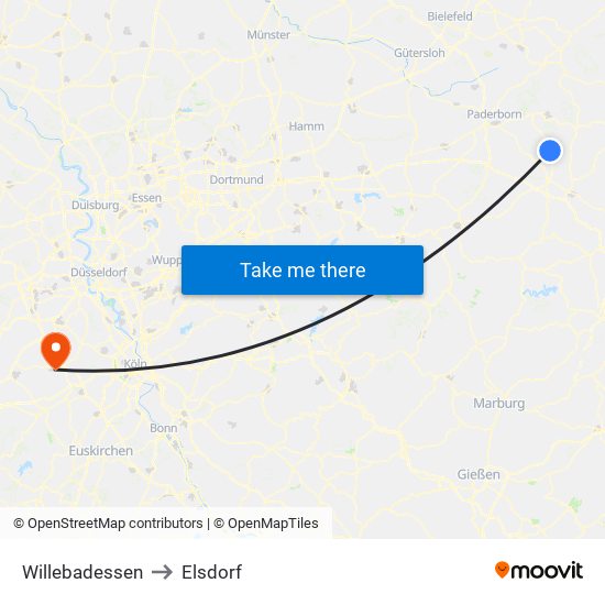 Willebadessen to Elsdorf map